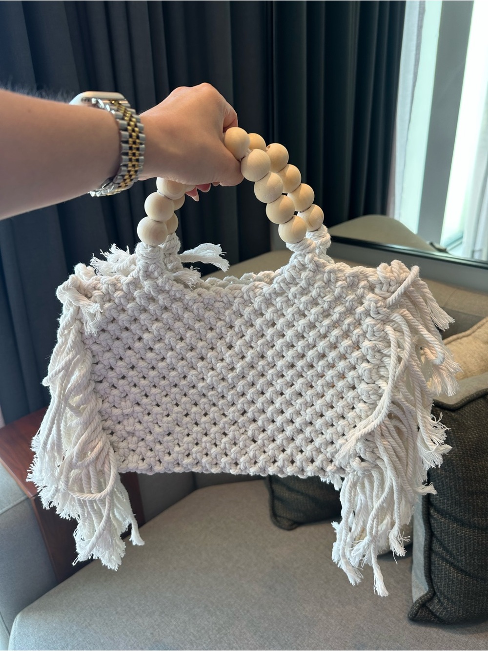 Fashion Nova Macramé Crochet Bag with Wooden Bead Handle Travel Resort Vacation